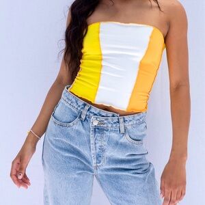 HEAD TURNER ORANGE YELLOW & WHITE COLORBLOCK CROPPED TUBE TOP BANDEAU